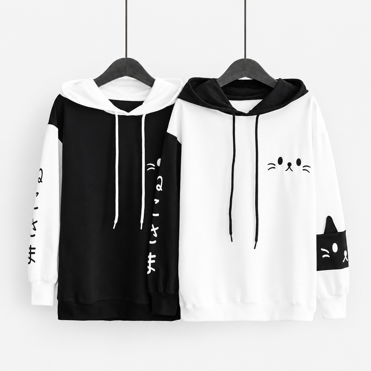 Oversized Pullover Cat Ear Hoodie with Cute Cat Print and Colour-Block Sleeves