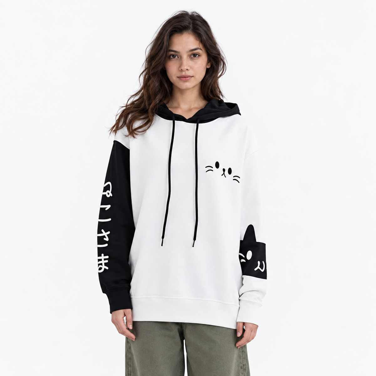 Oversized Pullover Cat Ear Hoodie with Cute Cat Print and Colour-Block Sleeves