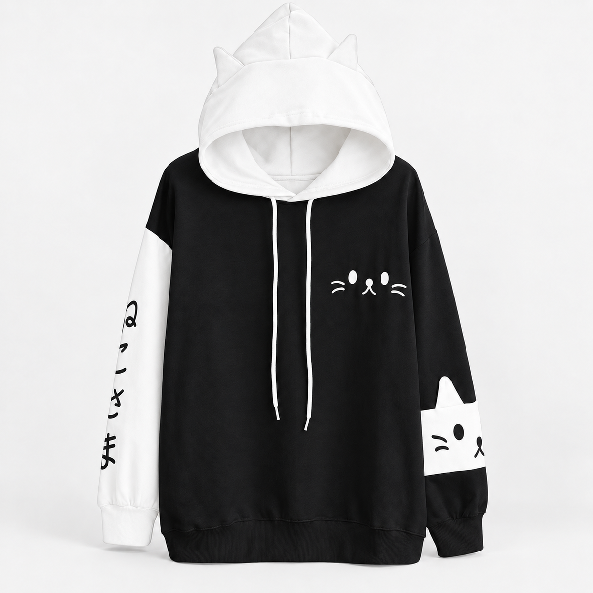 Oversized Pullover Cat Ear Hoodie with Cute Cat Print and Colour-Block Sleeves