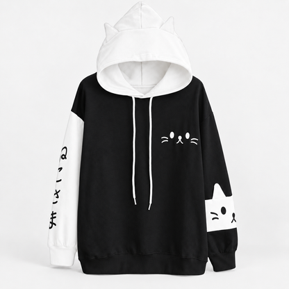 Oversized Pullover Cat Ear Hoodie with Cute Cat Print and Colour-Block Sleeves