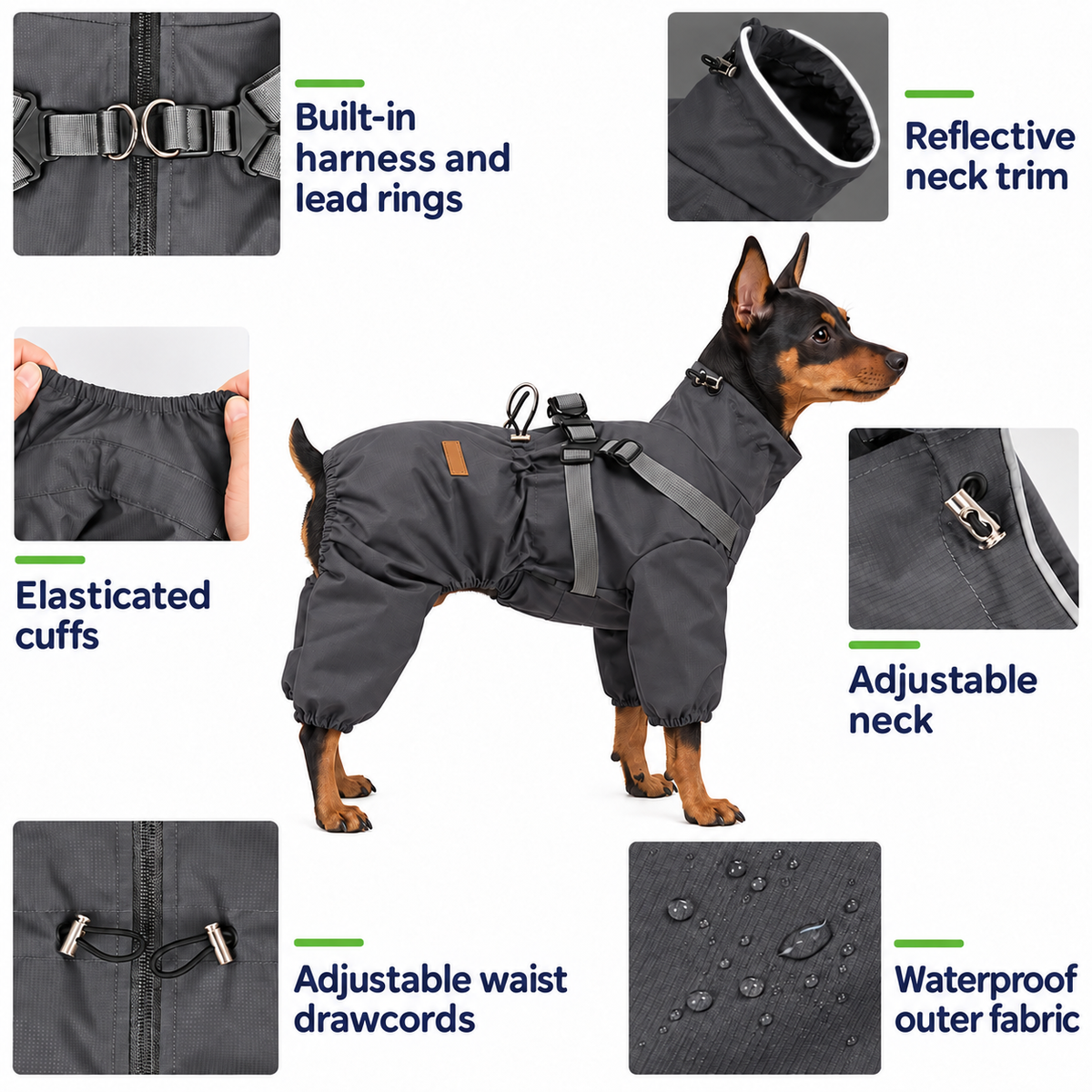 Raincoat harness, reflective trim, adjustable fit and waterproof fabric details