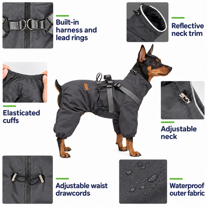 Raincoat harness, reflective trim, adjustable fit and waterproof fabric details