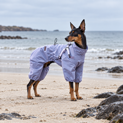 Dog wearing the purple harness raincoat on a beach