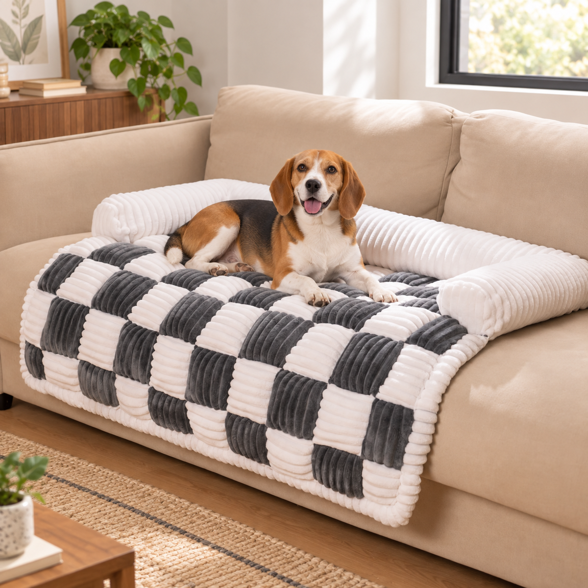 Checkered Dog Sofa Bed & Cover with Fluffy Bolsters