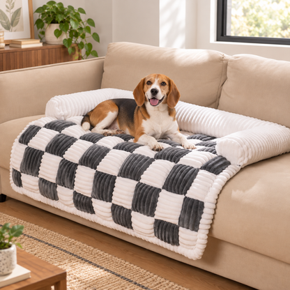 Checkered Dog Sofa Bed & Cover with Fluffy Bolsters