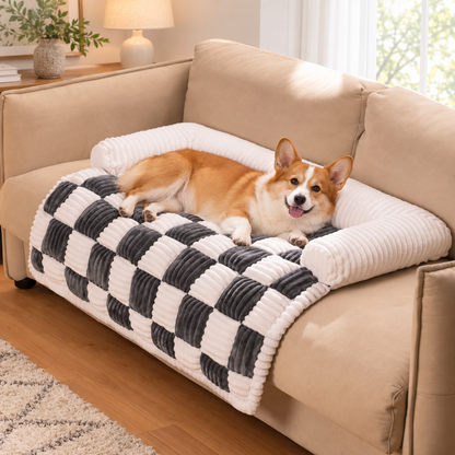 Checkered Dog Sofa Bed & Cover with Fluffy Bolsters