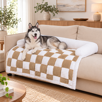 Checkered Dog Sofa Bed & Cover with Fluffy Bolsters