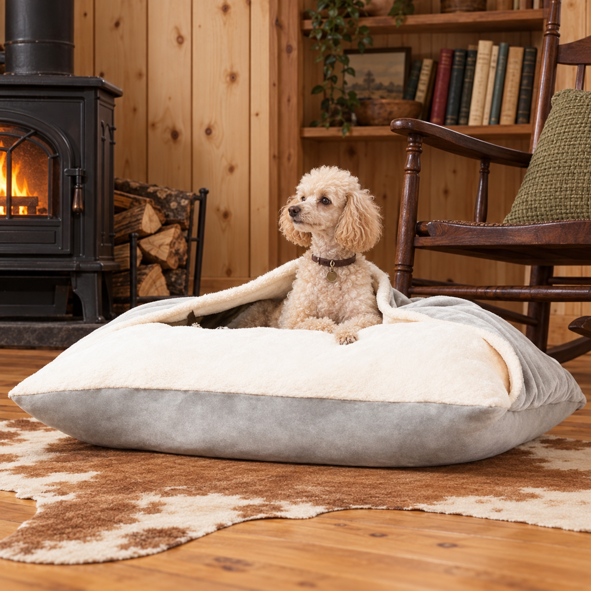 Grey hooded dog bed in a rustic room with a seated poodle