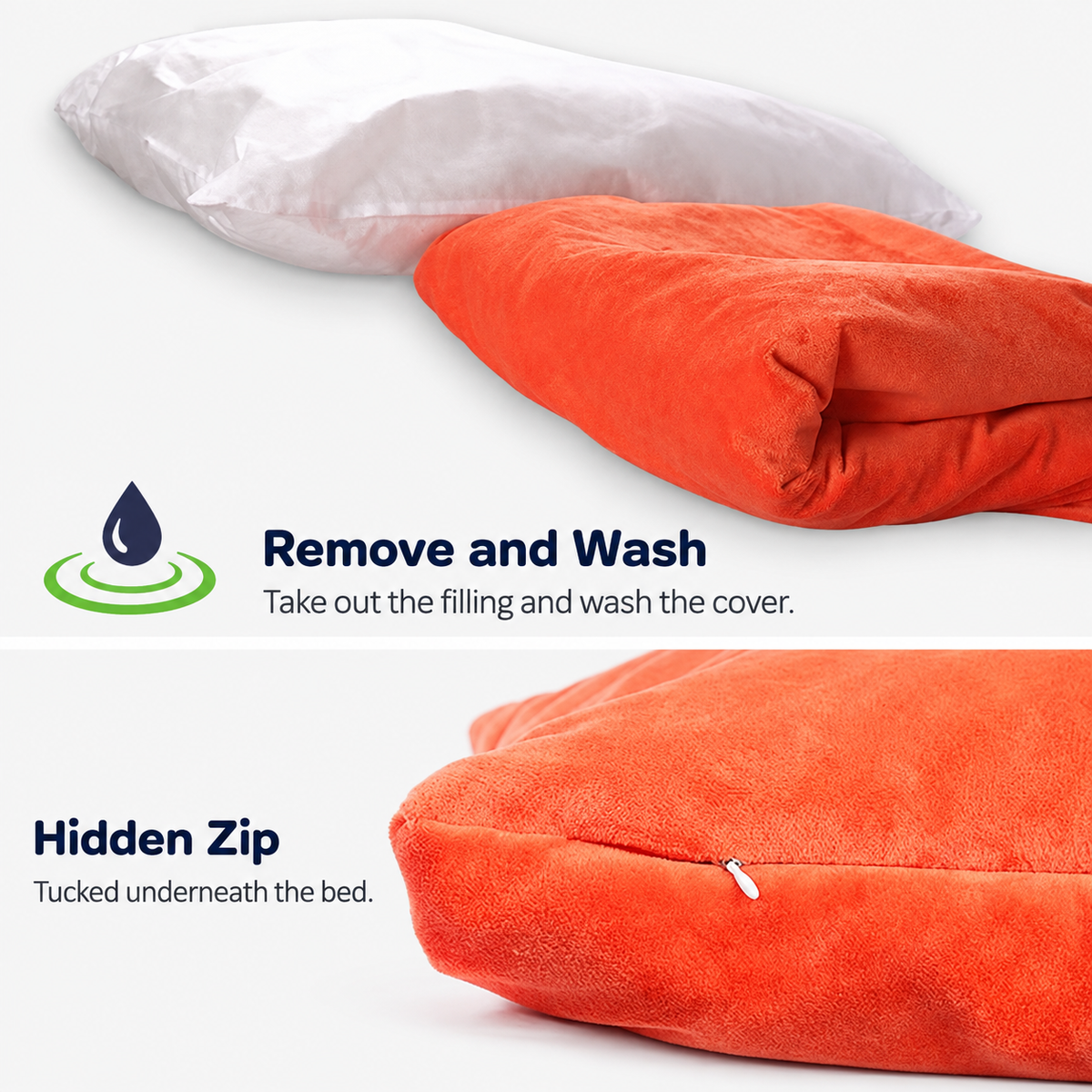 Removable washable cover and hidden zip underneath the bed