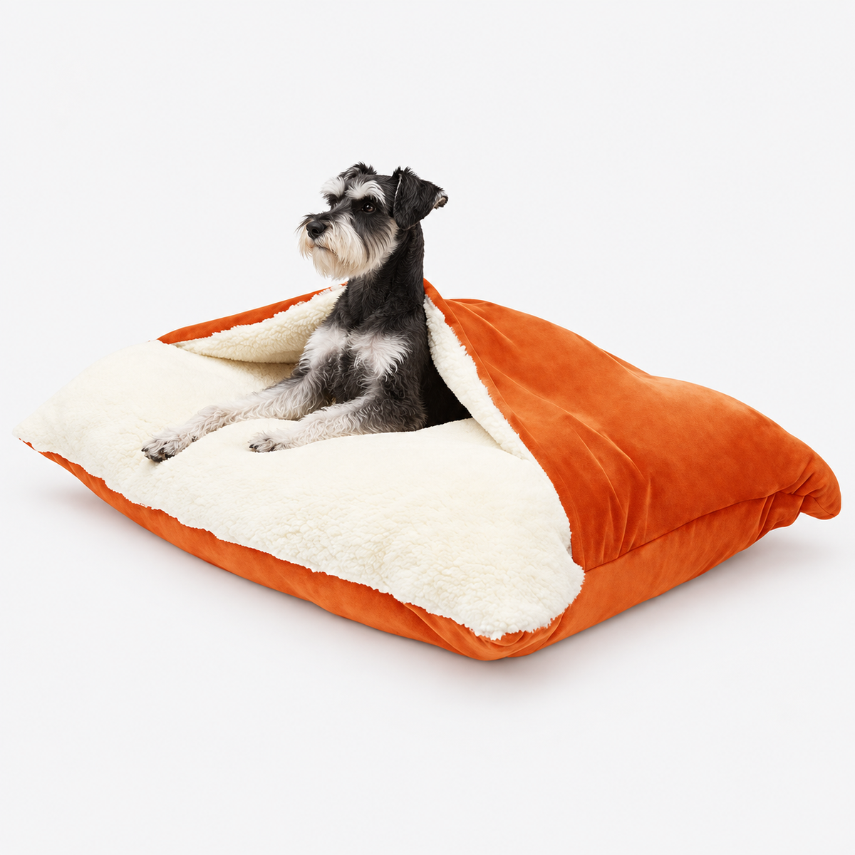 Orange hooded dog bed with a seated miniature schnauzer