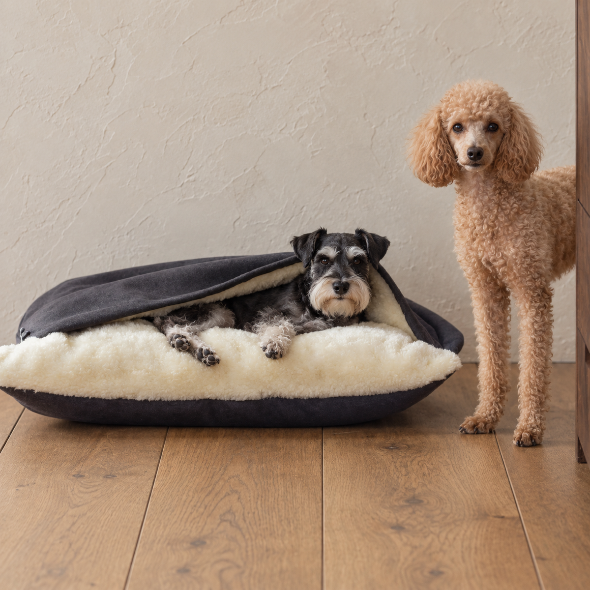 Dark grey hooded dog bed with one dog resting and another standing beside it