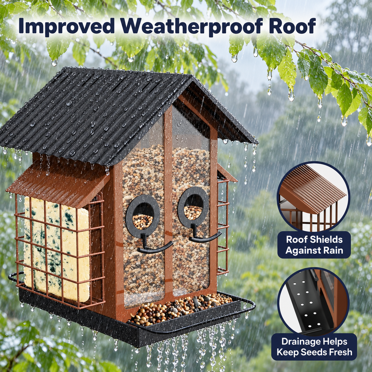 Hanging Metal Bird Feeder with Double Suet Cages and 2 kg Capacity & Weatherproof Roof