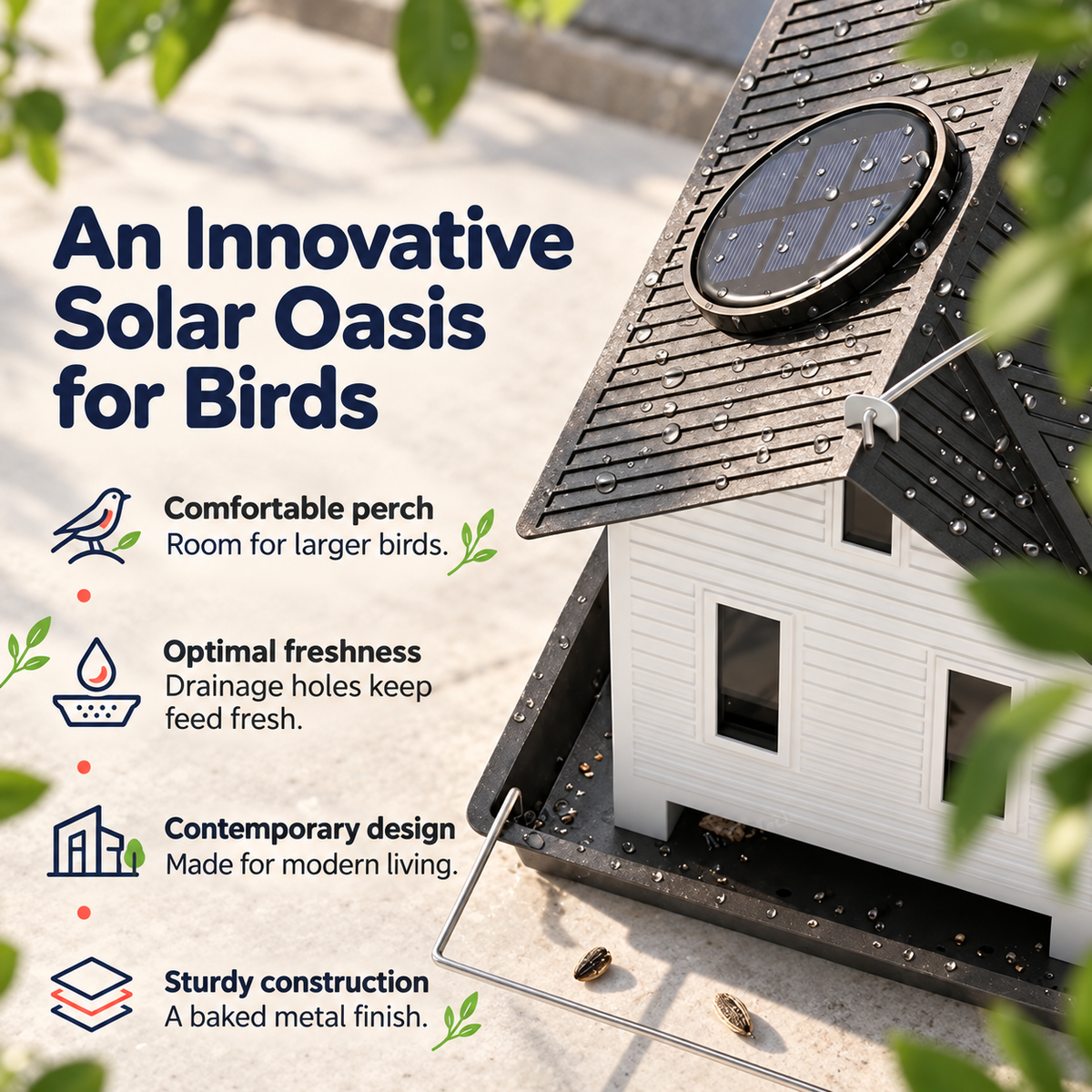 Solar Metal Bird House Feeder with Large Perch, Drainage & LED Light