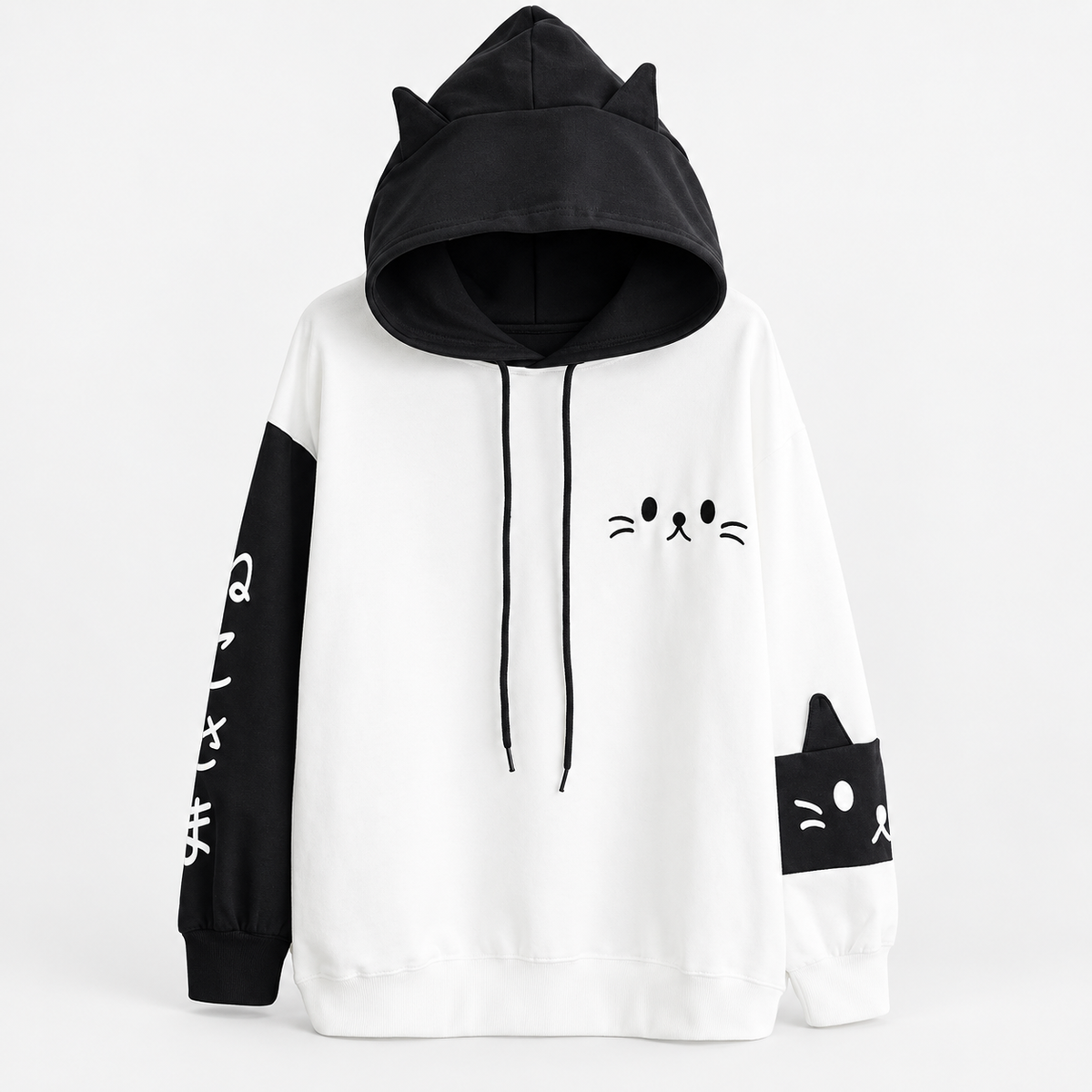 Oversized Pullover Cat Ear Hoodie with Cute Cat Print and Colour-Block Sleeves