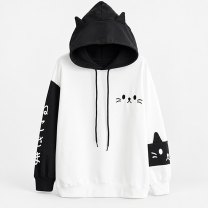 Oversized Pullover Cat Ear Hoodie with Cute Cat Print and Colour-Block Sleeves