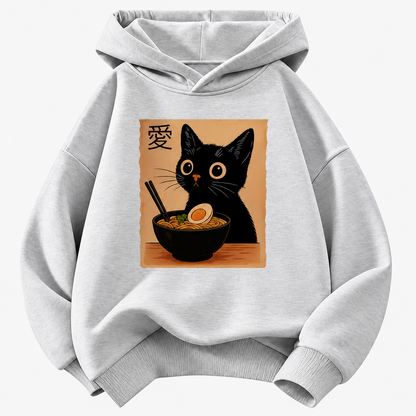Cat Ramen Graphic Pullover Kids Hoodie with Front Pocket