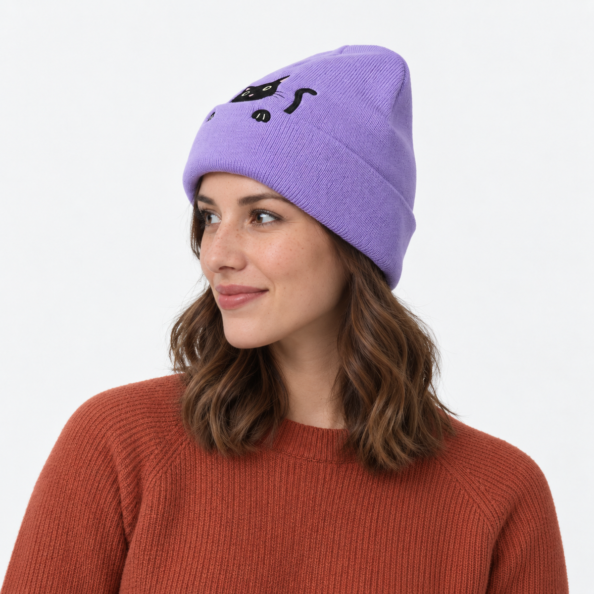 Cute Embroidered Cat Knitted Beanie with Fold-Up Cuff and Stretch Fit