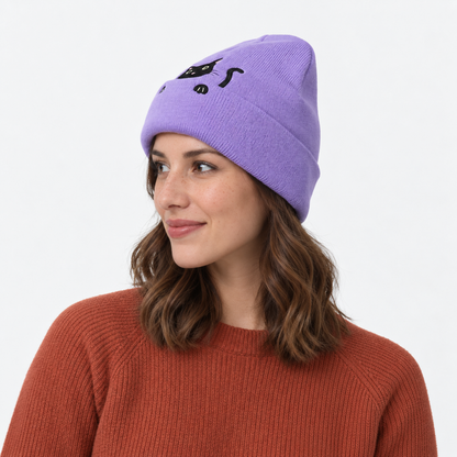 Cute Embroidered Cat Knitted Beanie with Fold-Up Cuff and Stretch Fit
