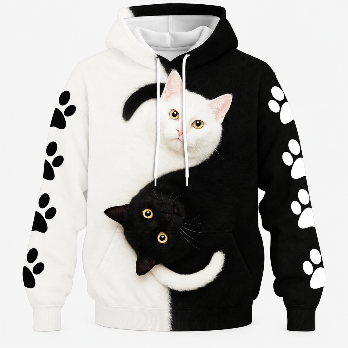 Yin Yang Cat 3D Print Fleece-Lined Pullover Hoodie with Paw Print Sleeves