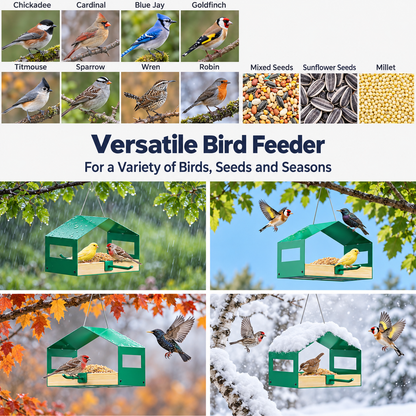 Hanging Metal Bird House Feeder with Stainless Steel Mesh Tray, Rainproof Roof & Perch