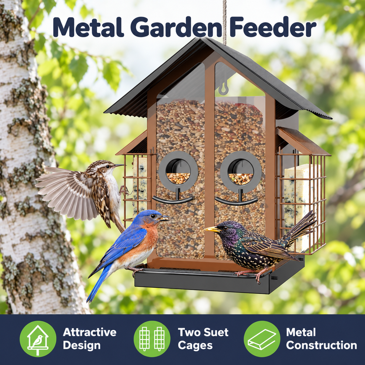 Hanging Metal Bird Feeder with Double Suet Cages and 2 kg Capacity & Weatherproof Roof