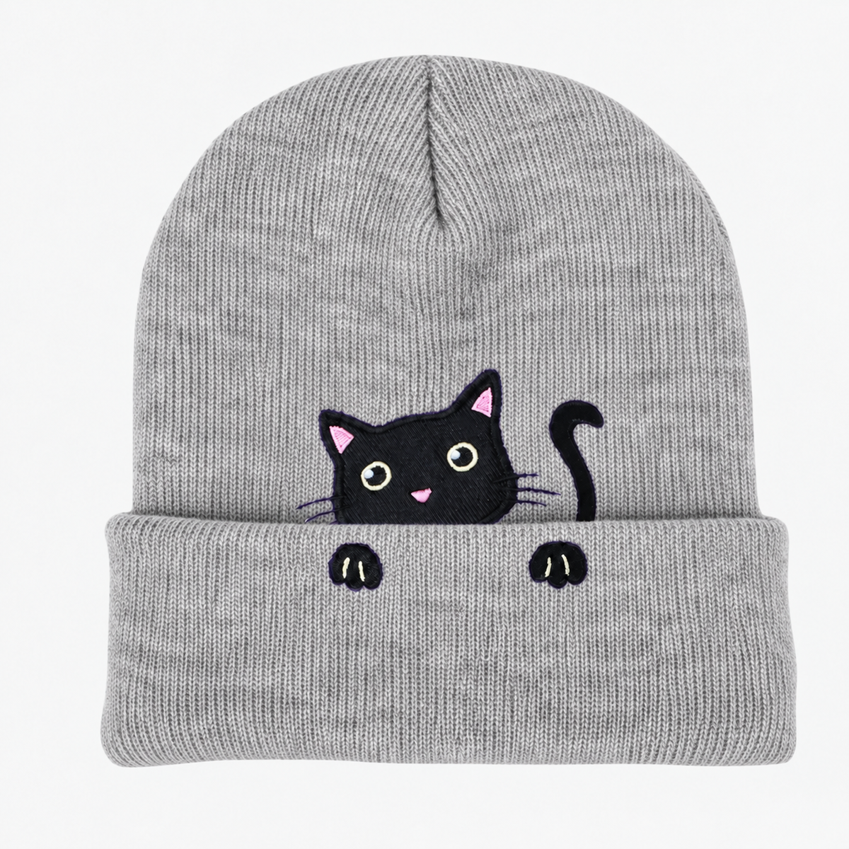 Cute Embroidered Cat Knitted Beanie with Fold-Up Cuff and Stretch Fit