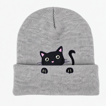 Cute Embroidered Cat Knitted Beanie with Fold-Up Cuff and Stretch Fit
