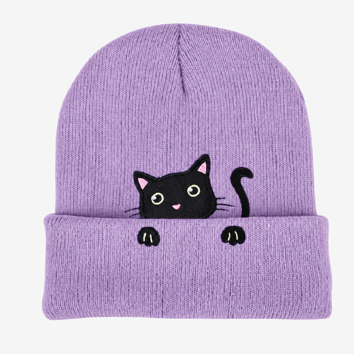 Cute Embroidered Cat Knitted Beanie with Fold-Up Cuff and Stretch Fit