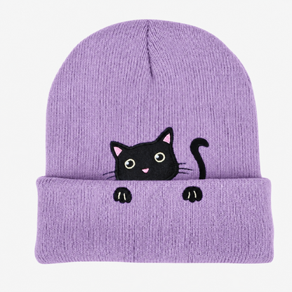 Cute Embroidered Cat Knitted Beanie with Fold-Up Cuff and Stretch Fit