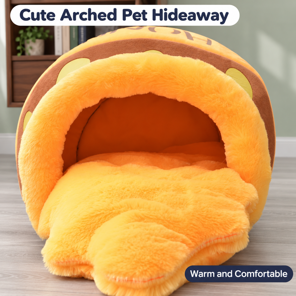 Cute arched pet hideaway with warm comfortable cushioning