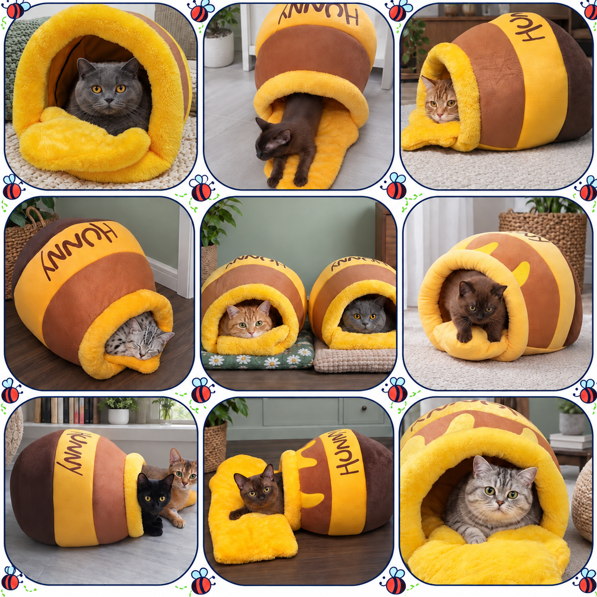 Nine views of pets using the honey-pot cave bed