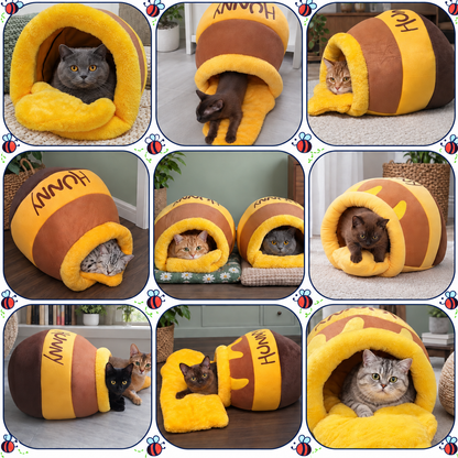 Nine views of pets using the honey-pot cave bed