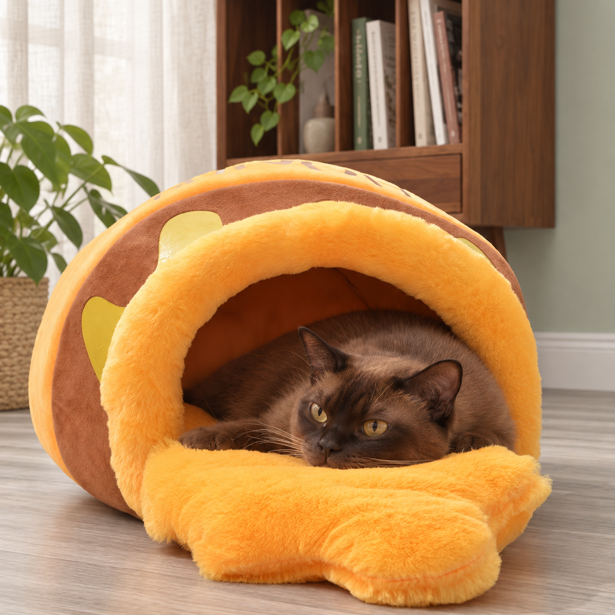 Pet resting at the entrance of a honey-pot cave bed