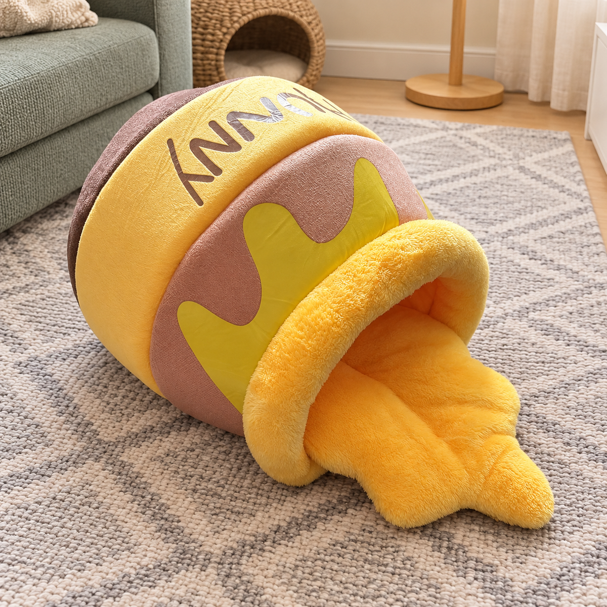 Honey pot pet cave bed with its cushion in a living room