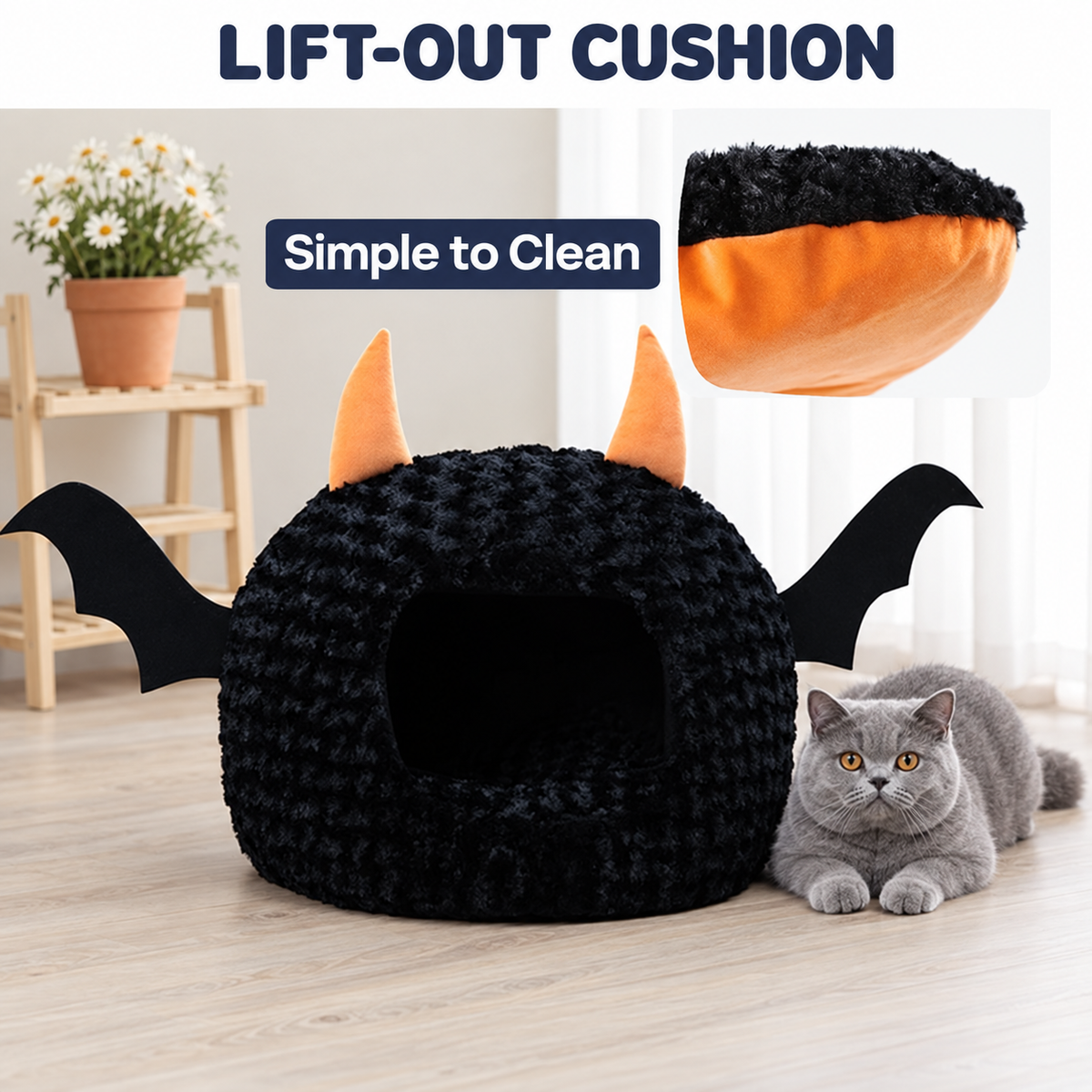 Bat pet cave with its removable cushion shown separately