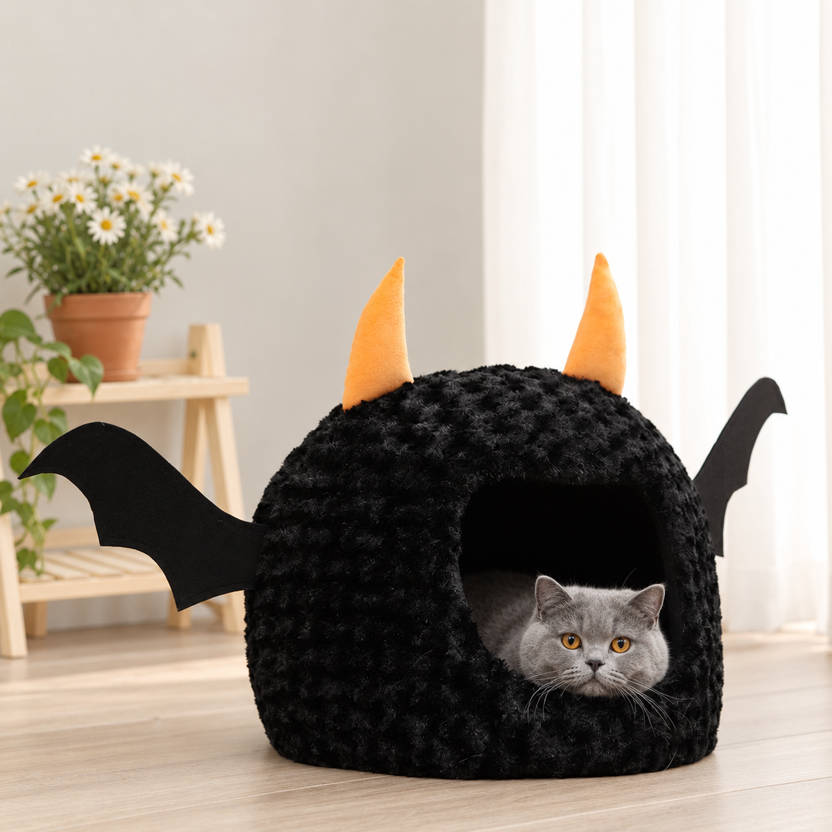 Bat pet cave with a grey British Shorthair in a living room