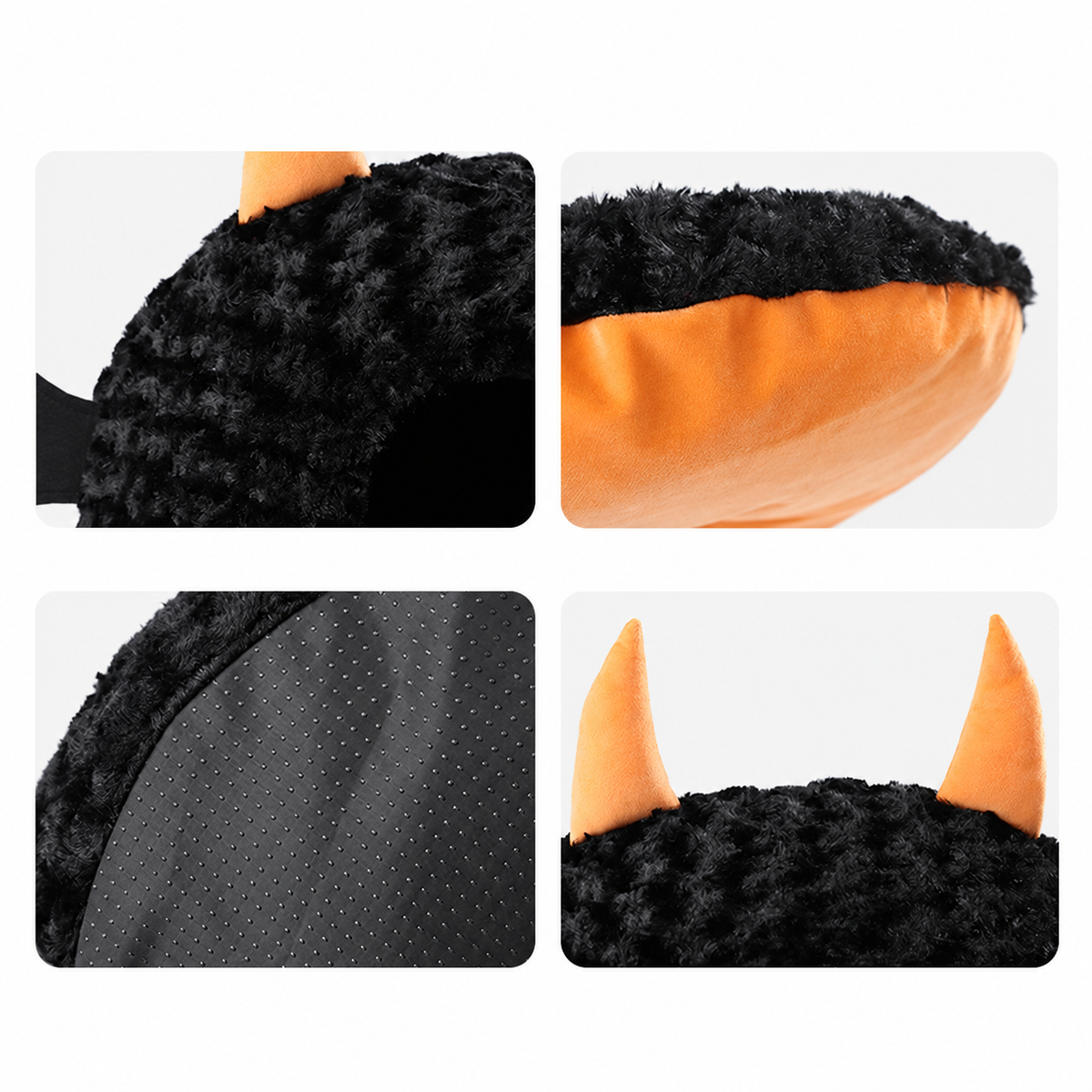 Close-ups of plush fabric, reversible cushion, non-slip base and horns