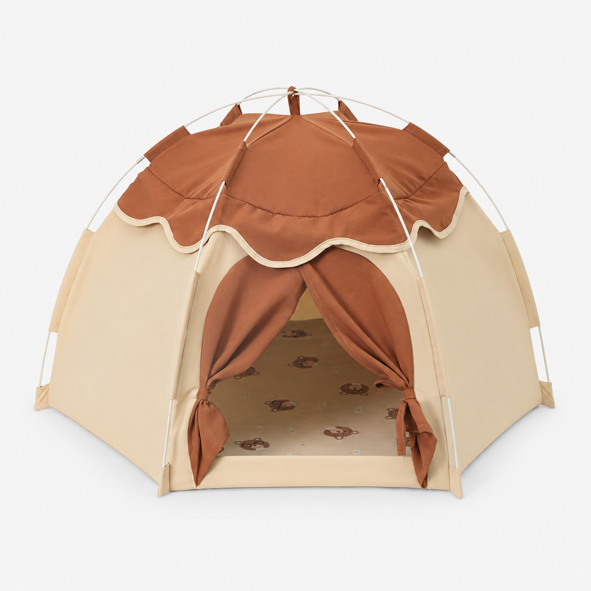 Empty pet tent showing the bear-pattern cushion