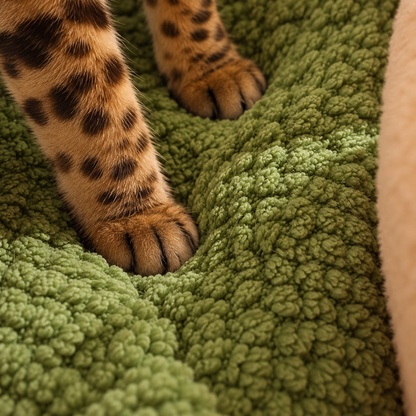 Close-up of Bengal paws on green bubble velvet