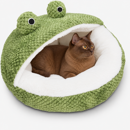 Chocolate Burmese cat resting in a green frog half-hood bed
