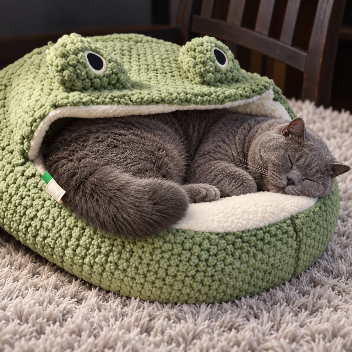 Grey British Shorthair asleep in a frog bed beside a dark chair