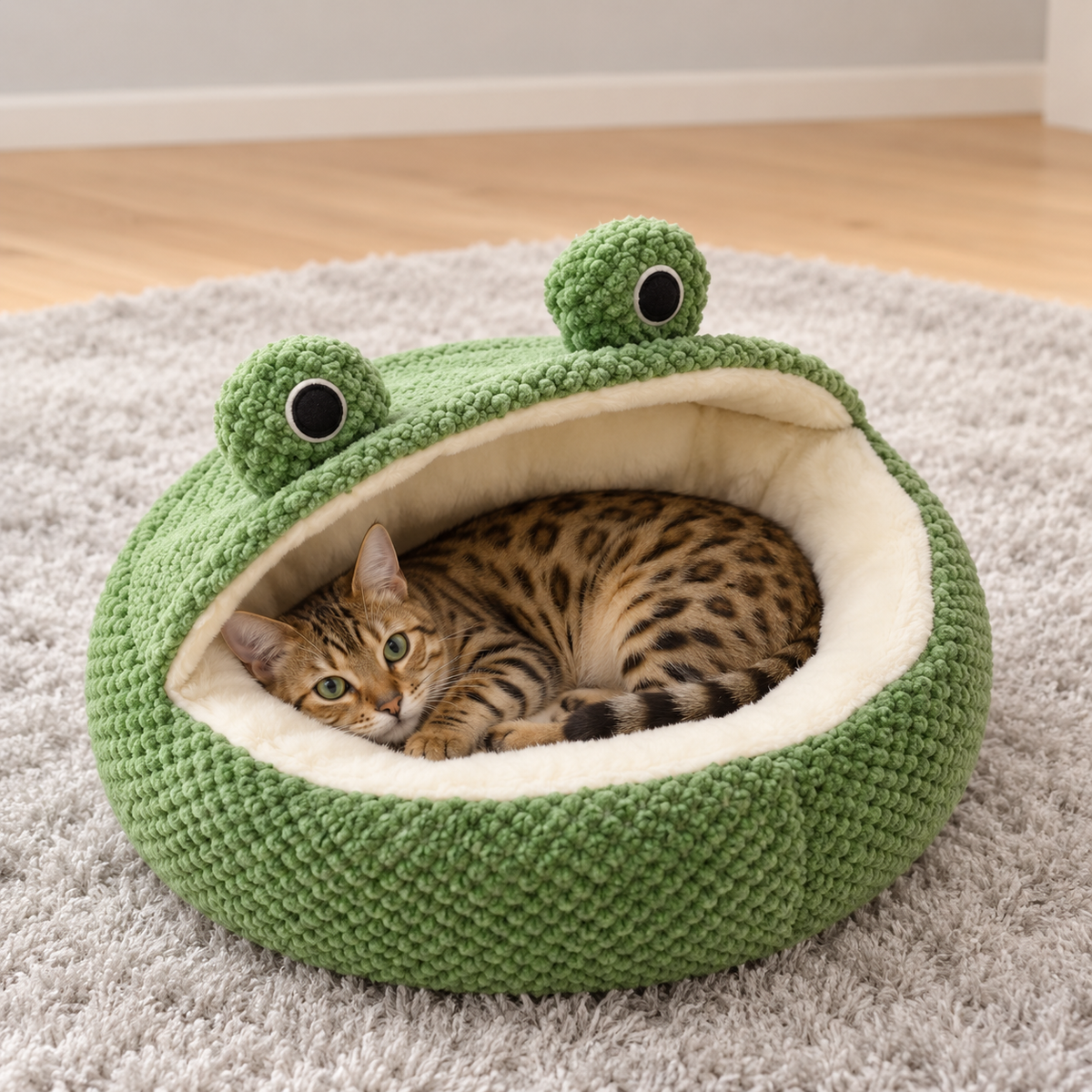 Bengal cat curled in a green frog pet bed