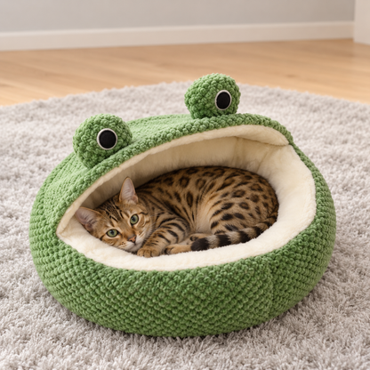 Bengal cat curled in a green frog pet bed