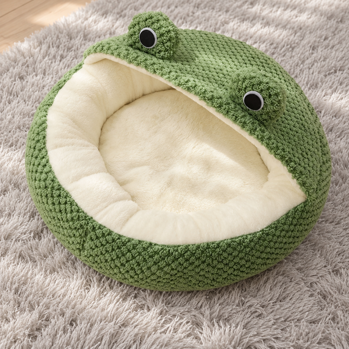 Empty green frog bed on a grey shag rug