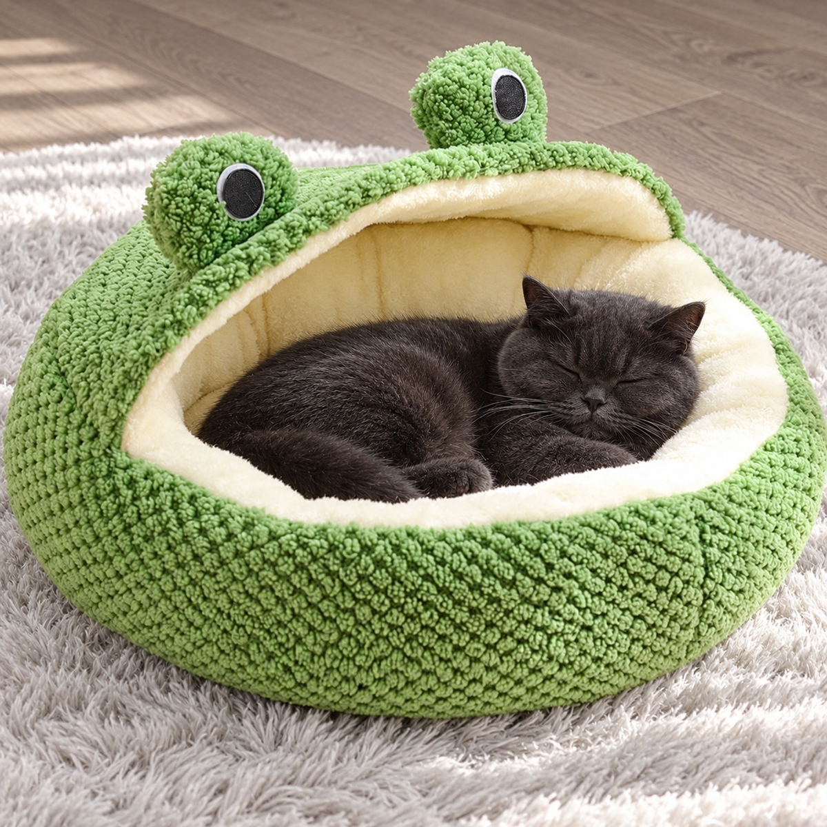 Black British Shorthair sleeping in a frog bed on a rug