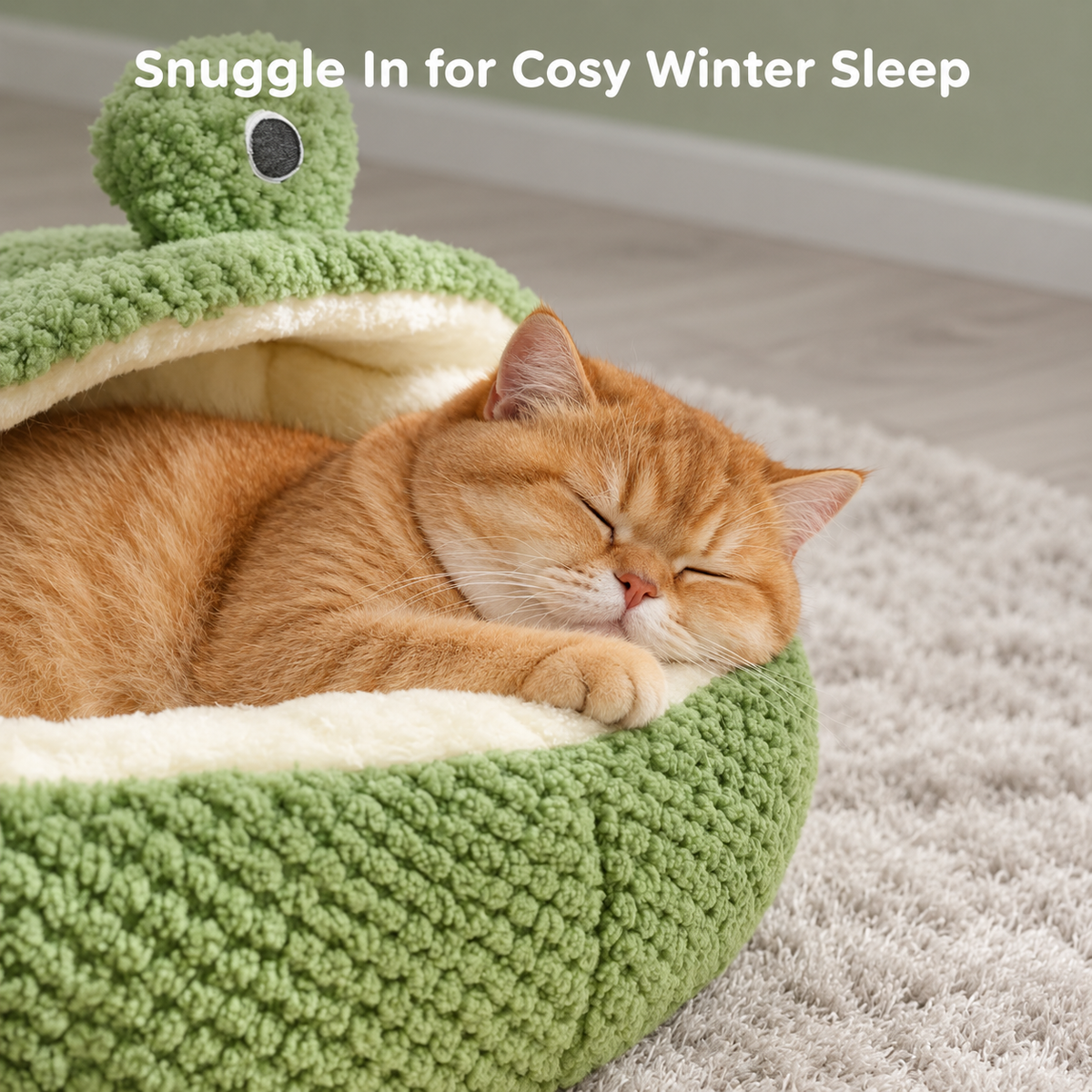 Ginger British Shorthair snuggled into a frog bed for winter sleep