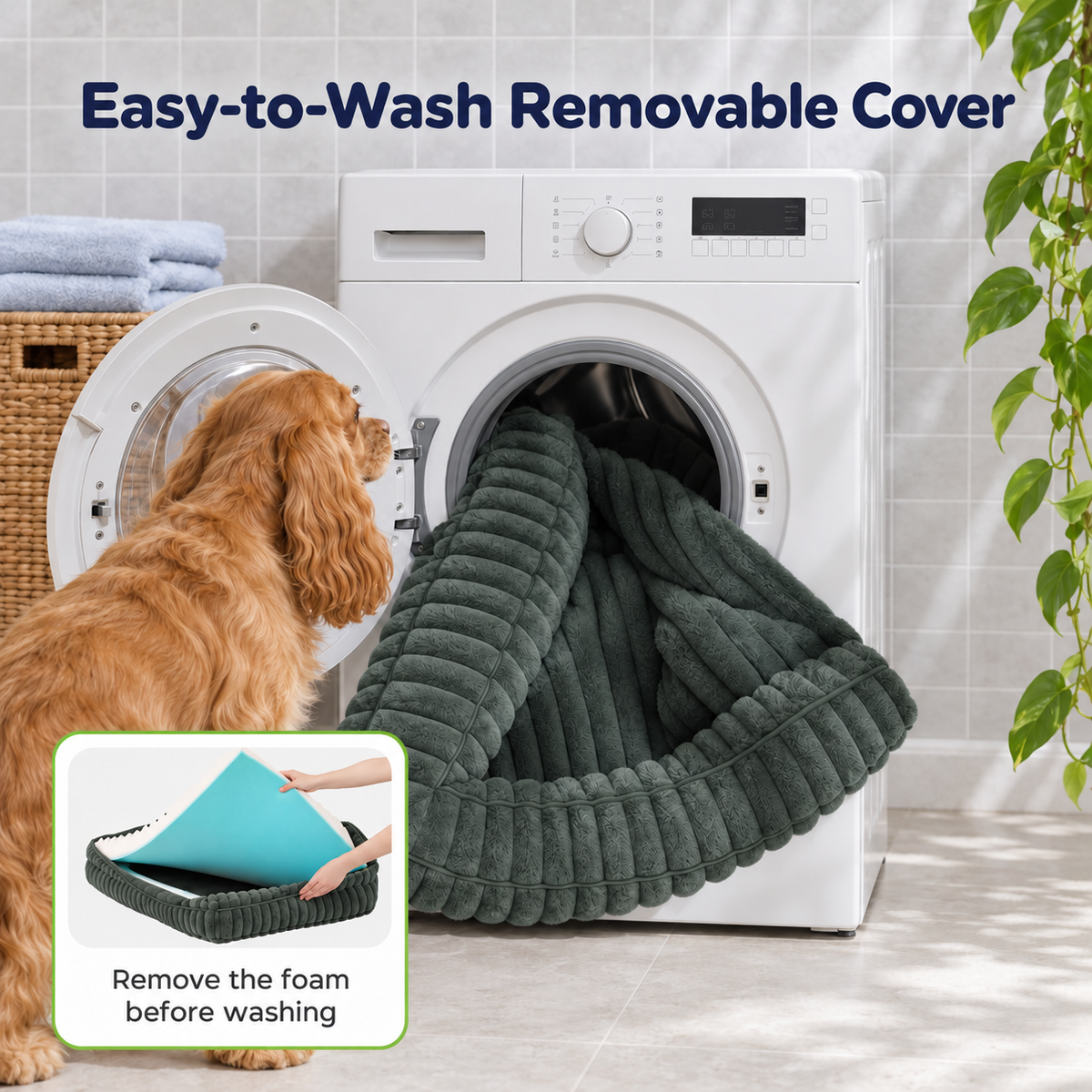Removable green cover being washed with instructions to remove foam first