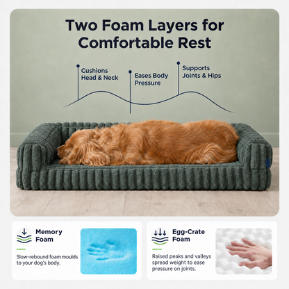 Two foam layers supporting a sleeping dog with memory and egg-crate foam details