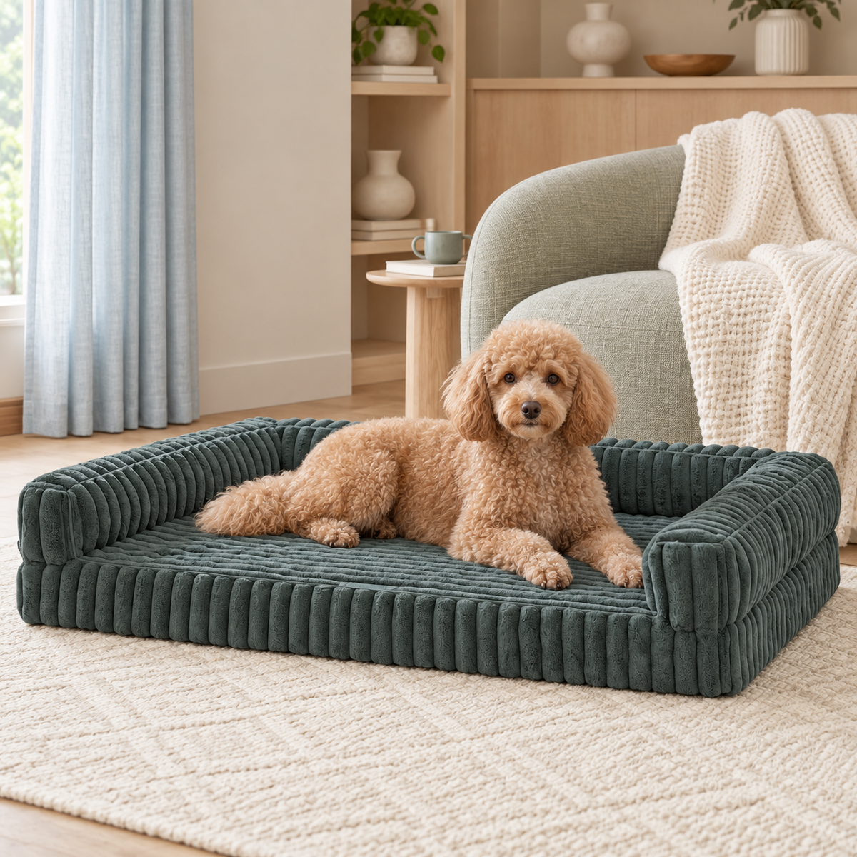 Apricot miniature poodle resting on a green ribbed dog sofa bed