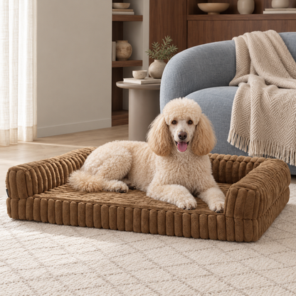 Cream standard poodle resting on a brown ribbed dog sofa bed